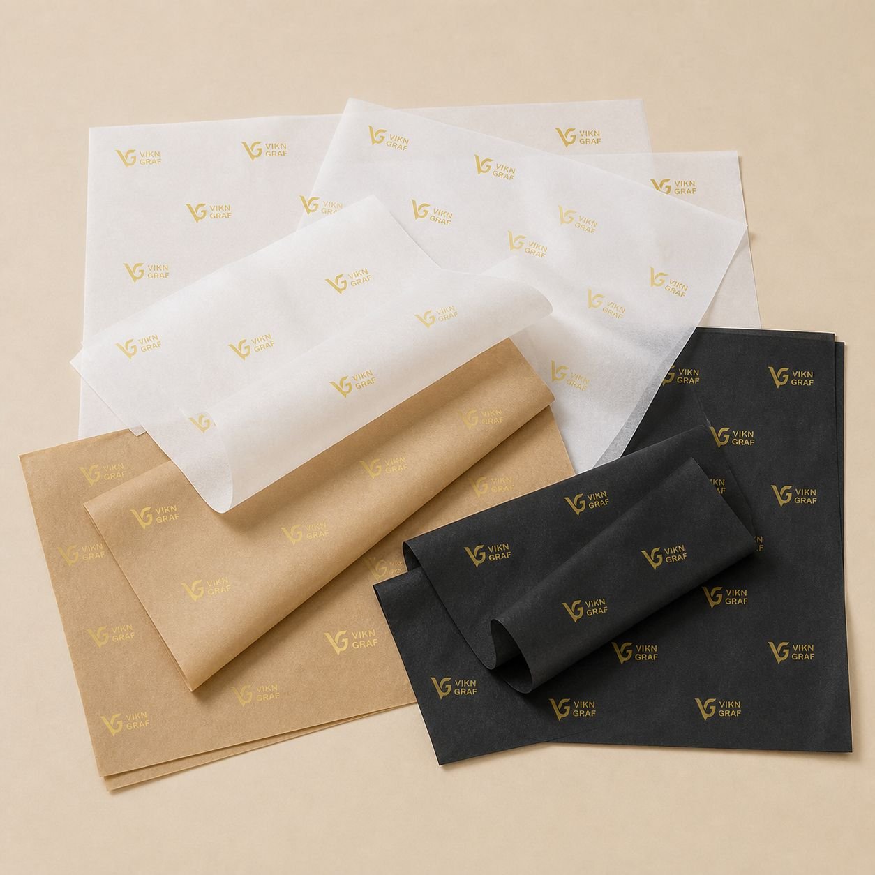 Papel de seda antigordura personalizado da Vikn Gráfica em branco, kraft e preto