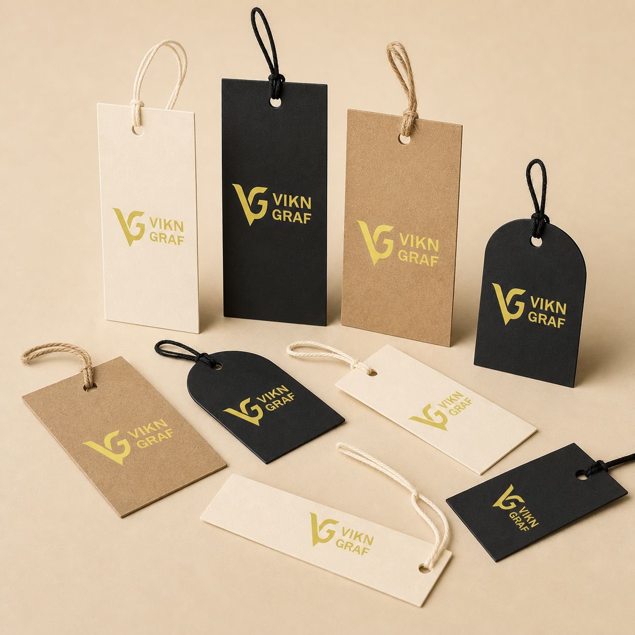 Tags personalizadas da Vikn Gráfica com cortes especiais, furos e cordões