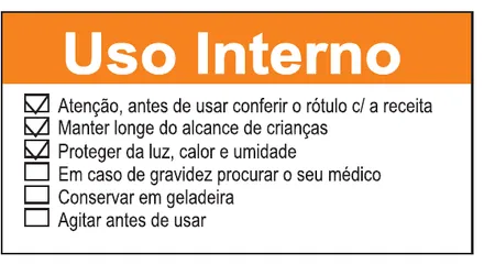 Etiqueta V163: Uso interno, com lista de cuidados para marcar: conferir o rótulo, manter longe do alcance de crianças, proteger da luz, gestação, geladeira e agitar antes de usar