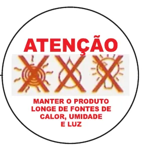 Etiqueta V64: Atenção: manter o produto longe de fontes de calor, umidade e luz. Etiqueta redonda