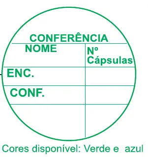 Etiqueta V66: Conferência, etiqueta redonda: nome, número de cápsulas, encarte e conferente. Disponível em verde e azul