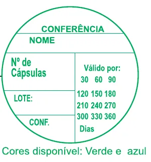 Etiqueta V67: Conferência, etiqueta redonda: nome, número de cápsulas, lote e prazo de validade. Disponível em verde e azul