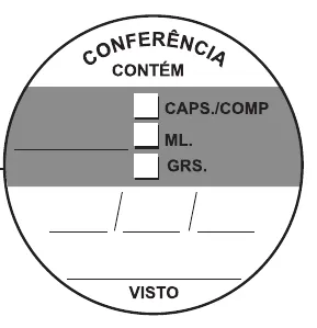 Etiqueta V71: Conferência, etiqueta redonda: cápsulas, comprimidos, mililitros e gramas, com campo de visto